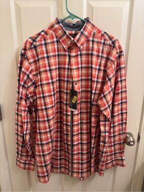 Roundtree & Yorke Red, Navy and White Plaid Button-Down Shirt